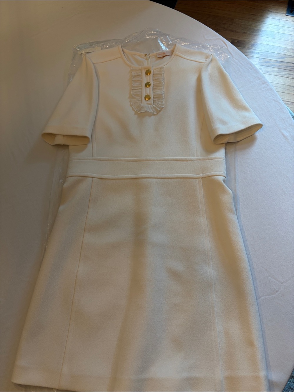 Tory Burch Elegant Crewneck Ivory Short-Sleeve Dress with Ruffle Placket